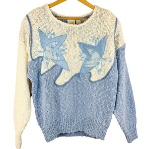 Vintage 80s Needles & Yarn Blue Floral Appliqué‎ Grandmacore Cozy Knit Sweater